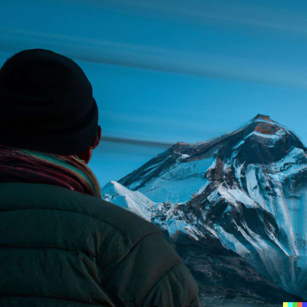 someone gazing at Mount Everest, photograph, slow shutter speed, 1s